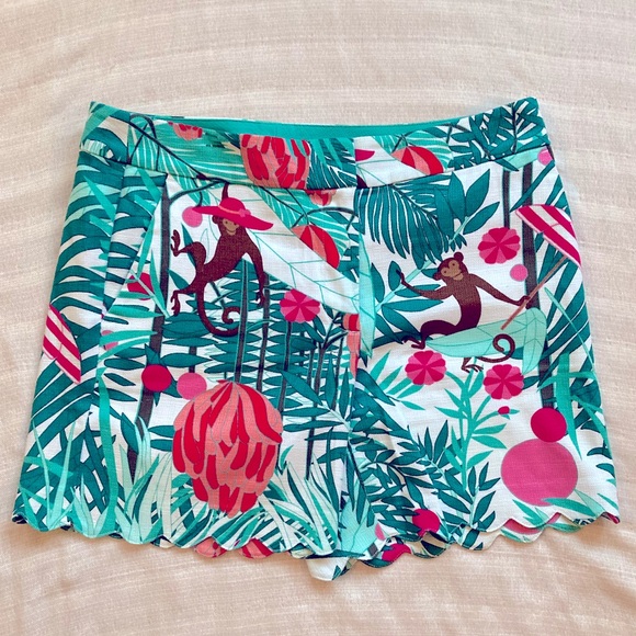 Talbots Summer Shorts Monkey Print Cocktails Hats Jungle Tropical Pink Green - Picture 1 of 7